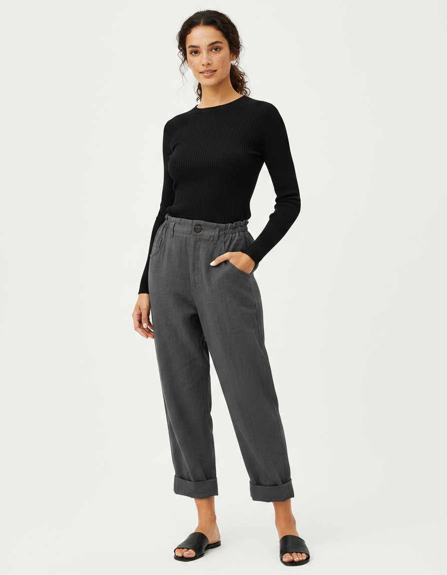 Pantalon Chinois Gris Ample Coton Décontracté Ceinturé