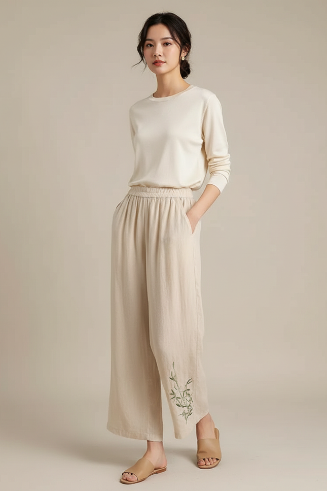 Pantalon Chinois Lin Beige Ample Brodé Bambou