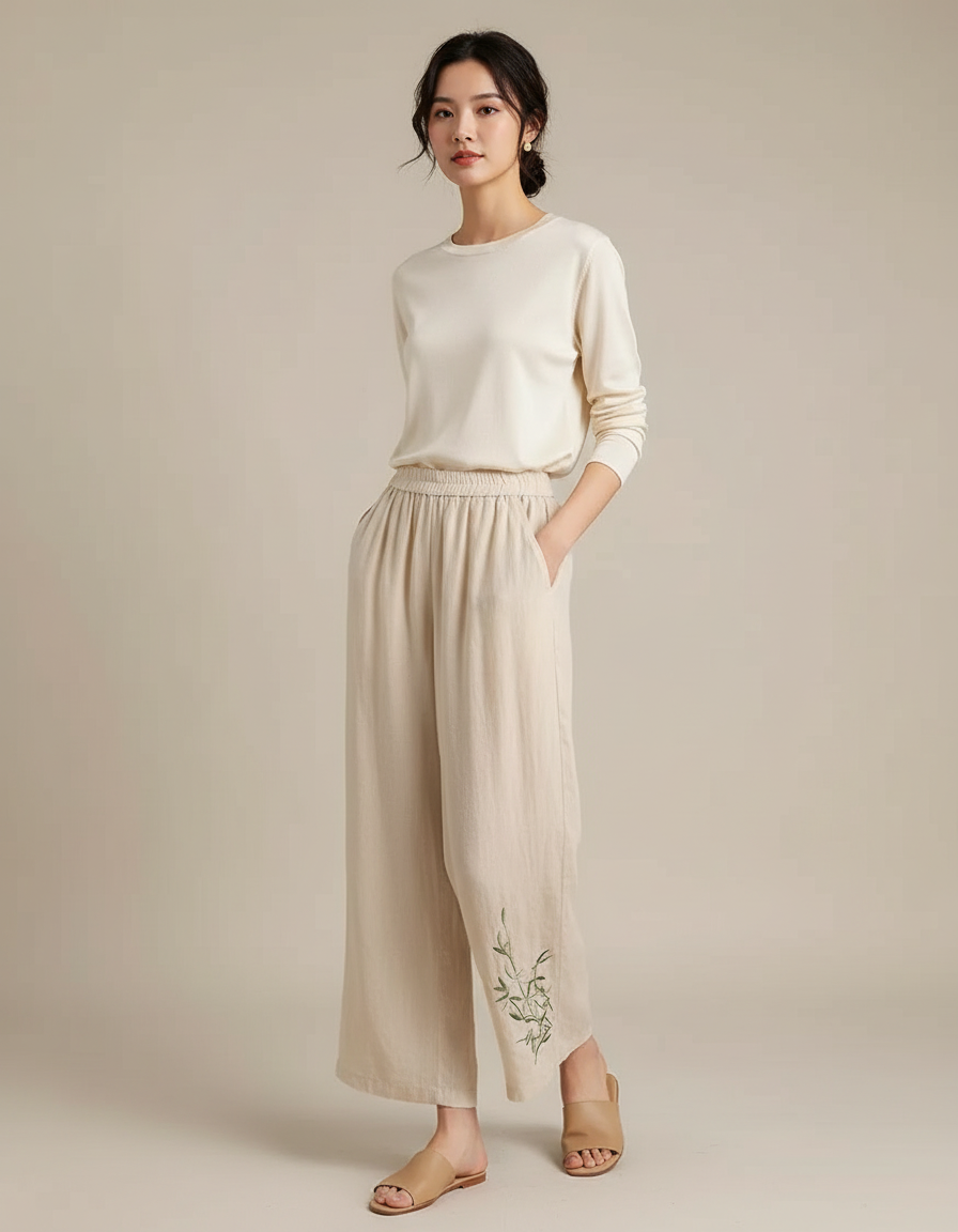 Pantalon Chinois Lin Beige Ample Brodé Bambou