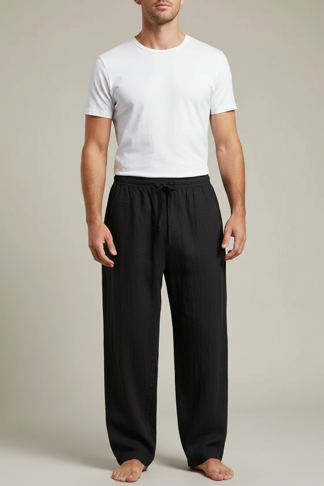 Pantalon Chinois Noir Ample Coton Lin Casual