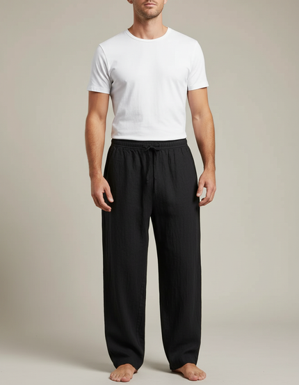 Pantalon Chinois Noir Ample Coton Lin Casual