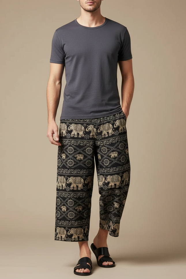 Pantalon Chinois Noir Ample Motifs Éléphants Ethniques - Viscose