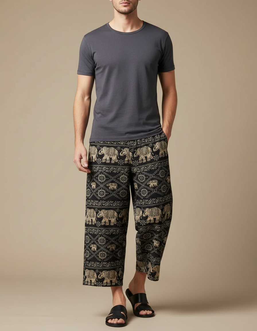Pantalon Chinois Noir Ample Motifs Éléphants Ethniques - Viscose