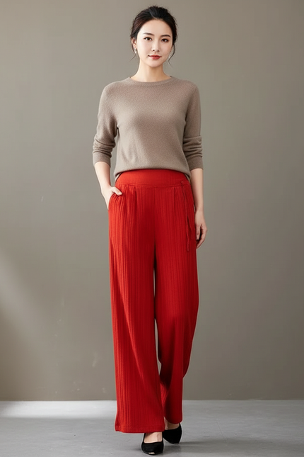 Pantalon Chinois Rouge Plissé Ample Taille Haute - Maille
