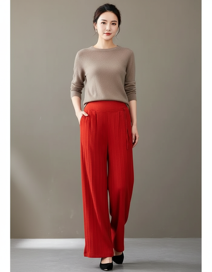Pantalon Chinois Rouge Plissé Ample Taille Haute - Maille