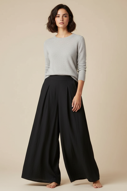 Pantalon Chinois Noir Plissé Ample Fluide Coton