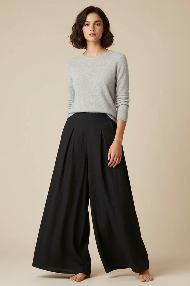 Pantalon Chinois Noir Plissé Ample Fluide Coton