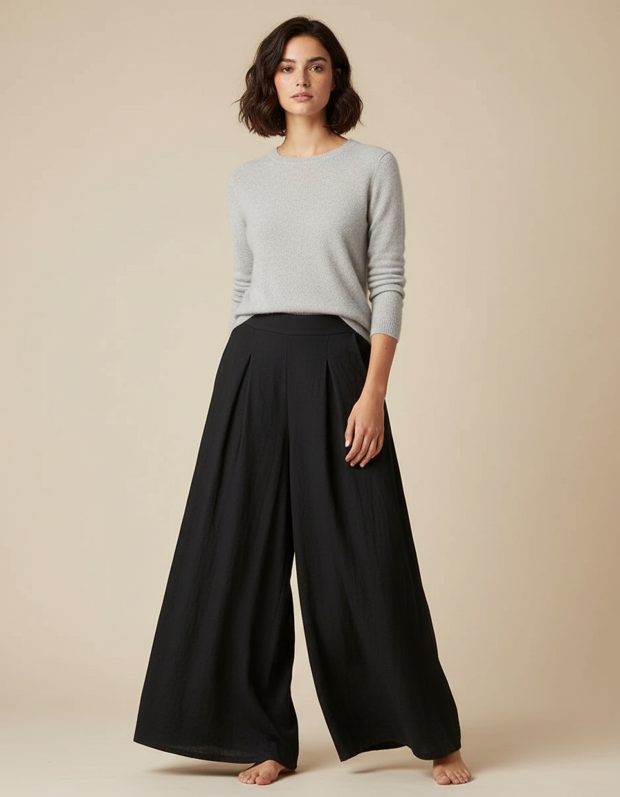 Pantalon Chinois Noir Plissé Ample Fluide Coton