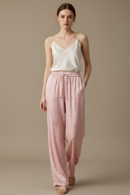 Pantalon Chinois Rose Satiné Jacquard Ample Fluide