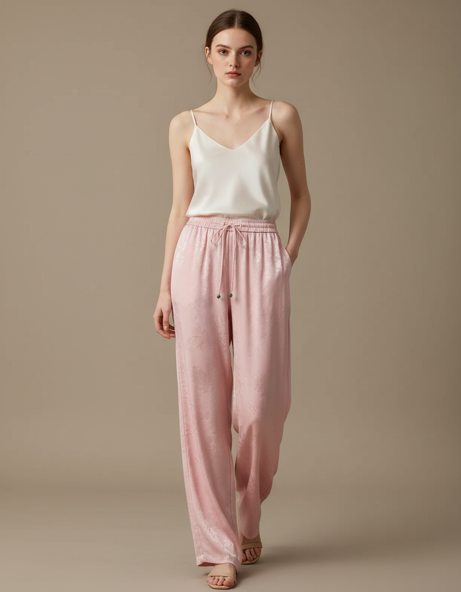 Pantalon Chinois Rose Satiné Jacquard Ample Fluide