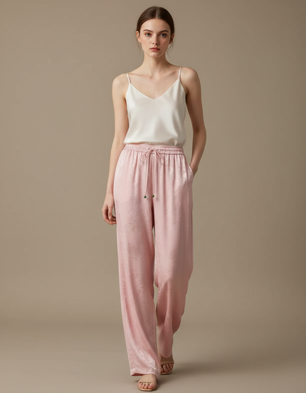Pantalon Chinois Rose Satiné Jacquard Ample Fluide