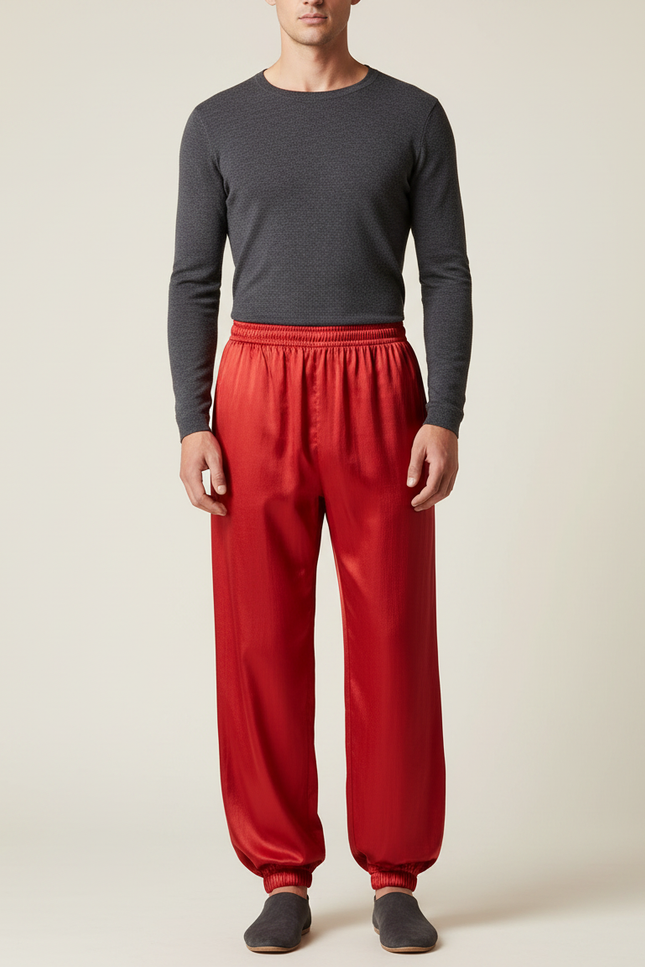 Pantalon Chinois Rouge Satiné Ample Élastiqué Homme