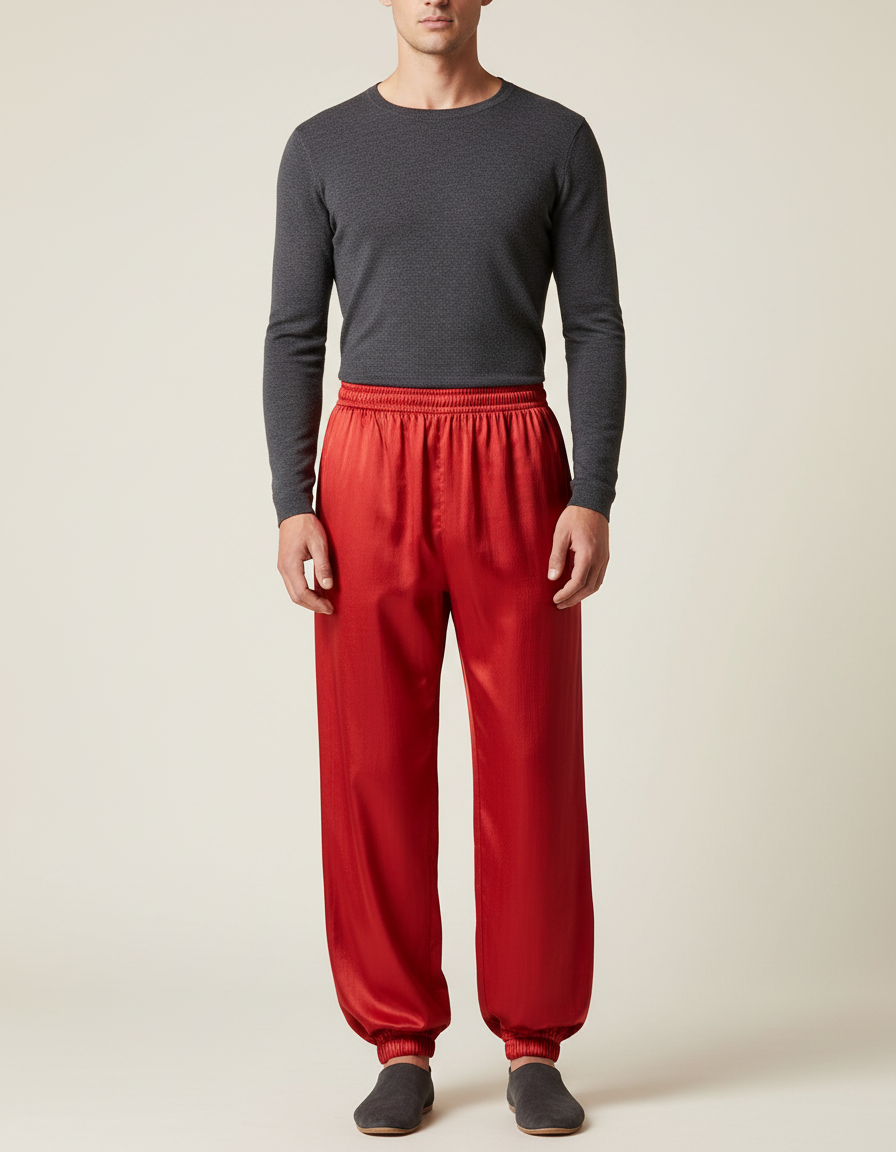 Pantalon Chinois Rouge Satiné Ample Élastiqué Homme
