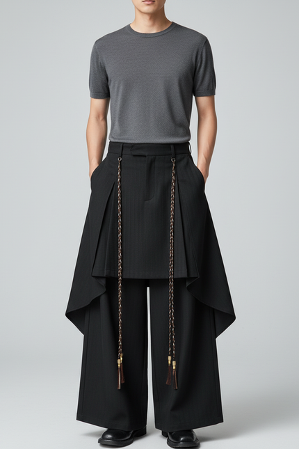 Pantalon Chinois Noir Ample Plissé Gothique Tassels - Gabardine