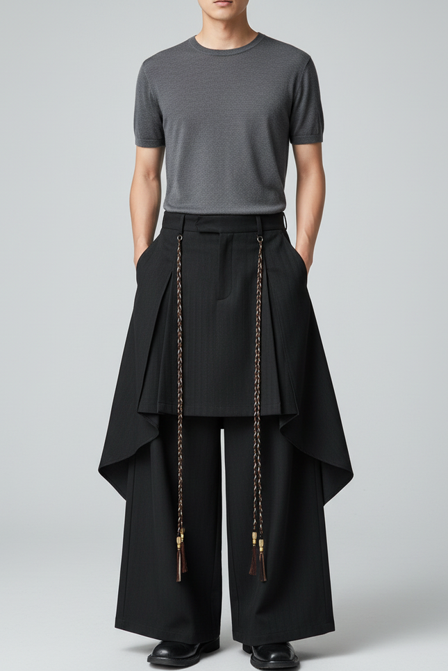 Pantalon Chinois Noir Ample Plissé Gothique Tassels - Gabardine