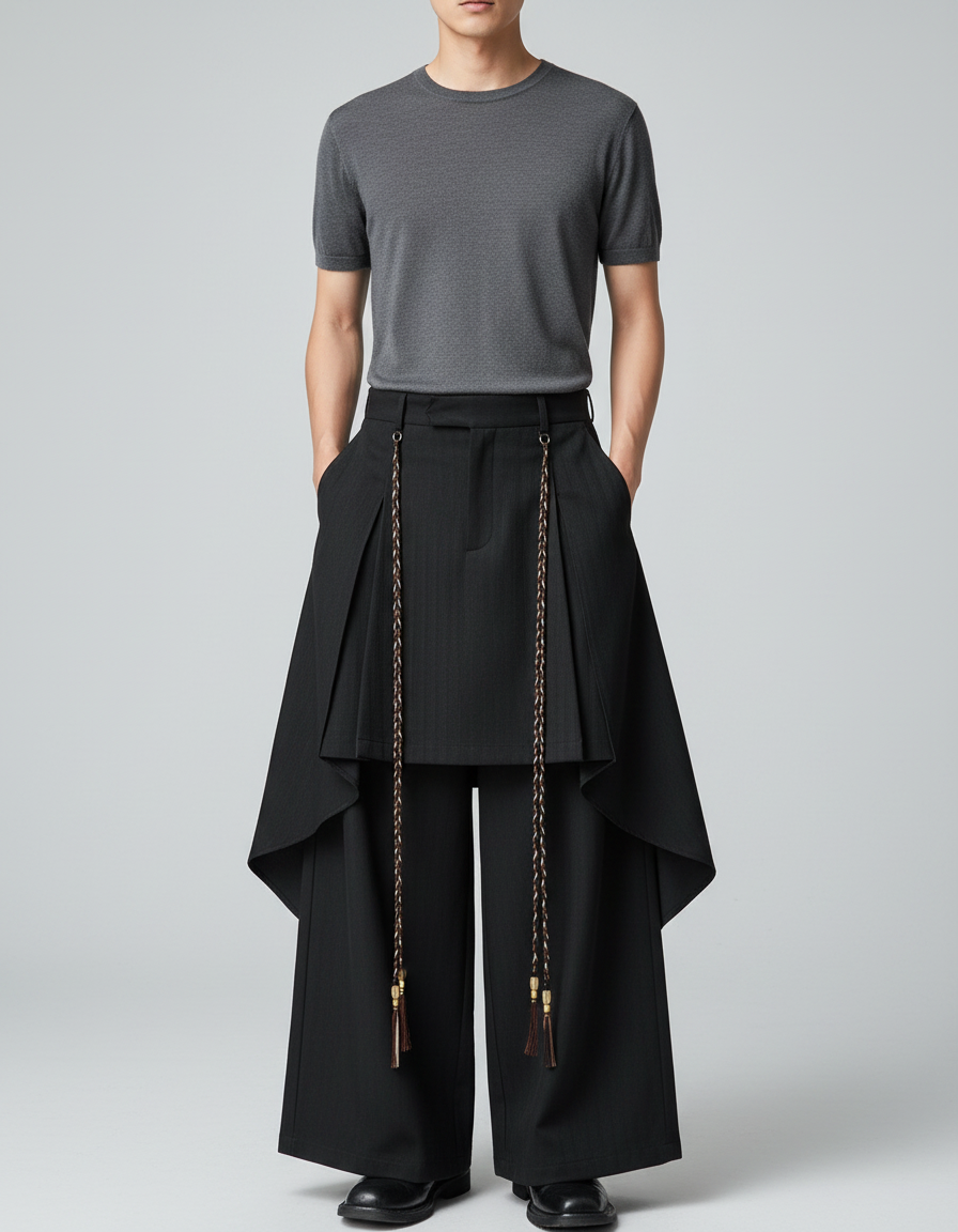 Pantalon Chinois Noir Ample Plissé Gothique Tassels - Gabardine