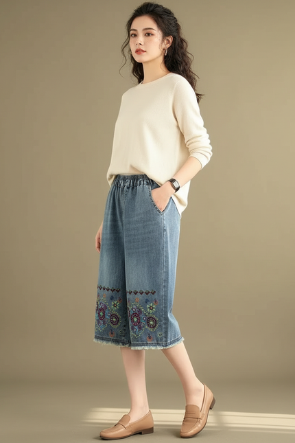 Pantalon Chinois Denim Brodé Ample Décontracté - Bleu Jean
