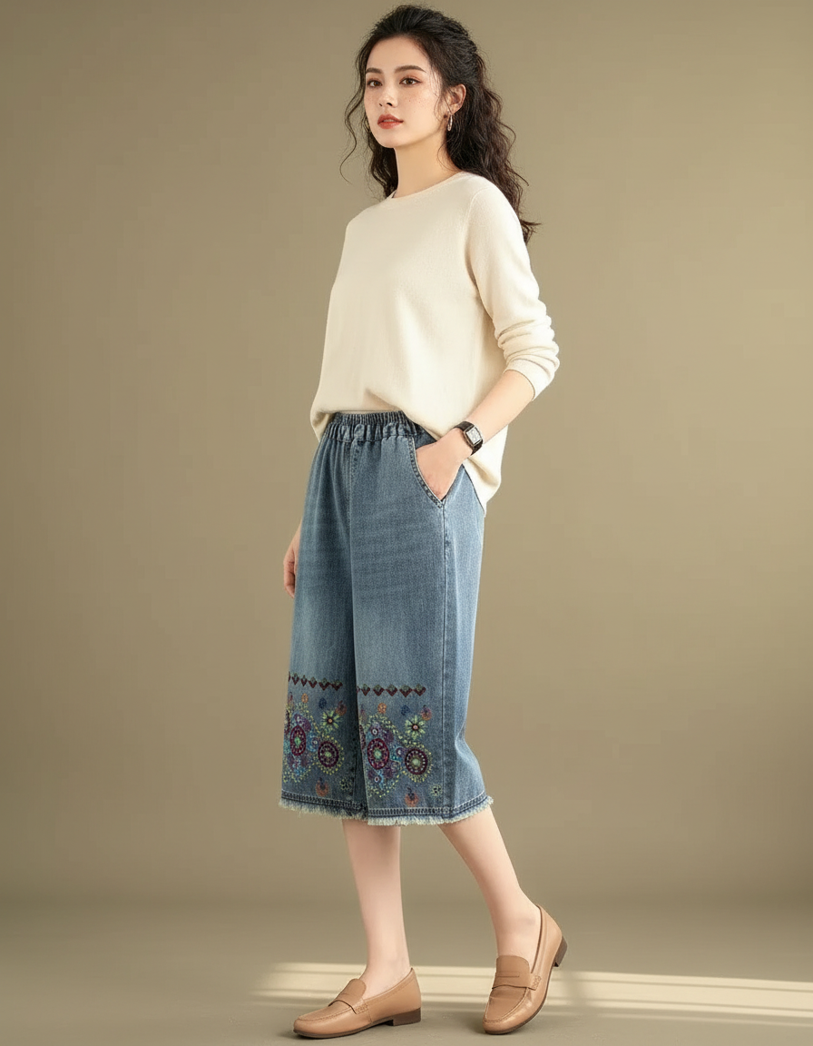 Pantalon Chinois Denim Brodé Ample Décontracté - Bleu Jean