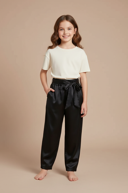 Pantalon Chinois Noir Satiné Ample Ceinturé Élégant