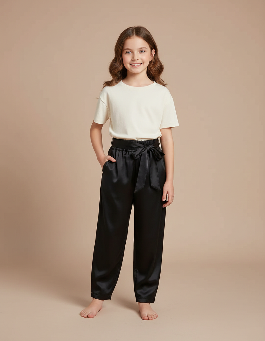 Pantalon Chinois Noir Satiné Ample Ceinturé Élégant