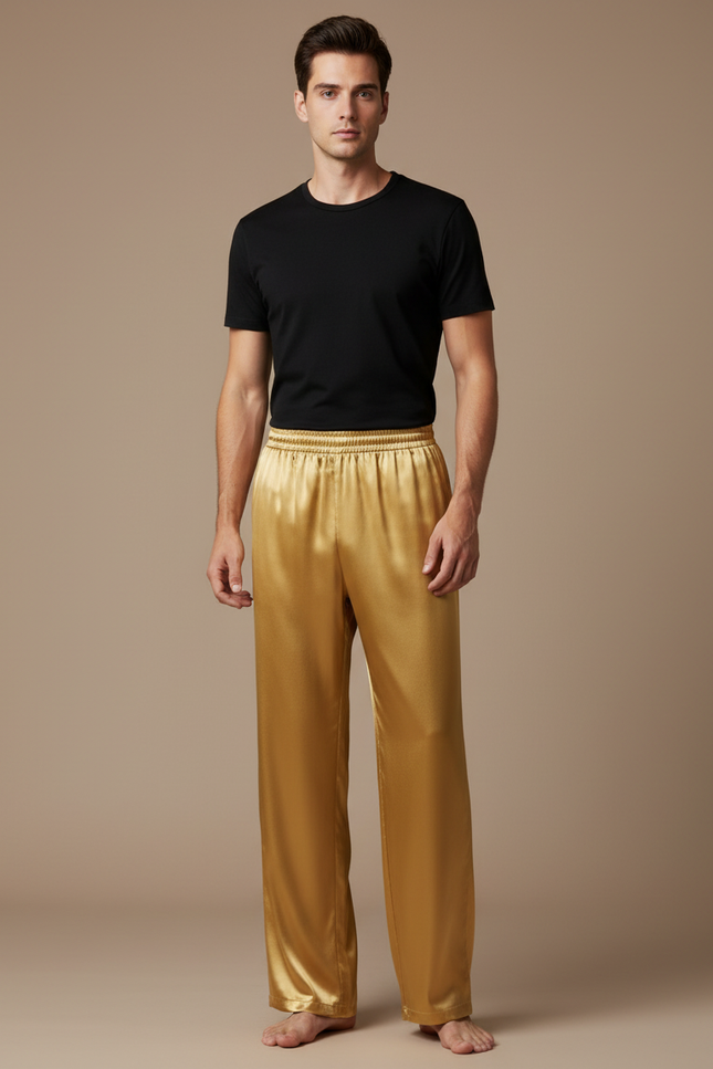 Pantalon Chinois Doré Satin Ample Élégant Homme