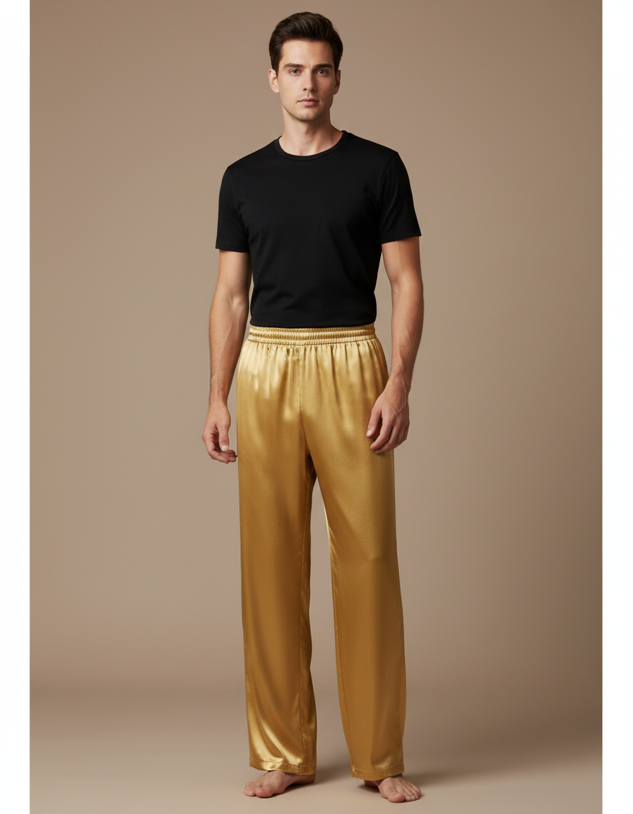 Pantalon Chinois Doré Satin Ample Élégant Homme