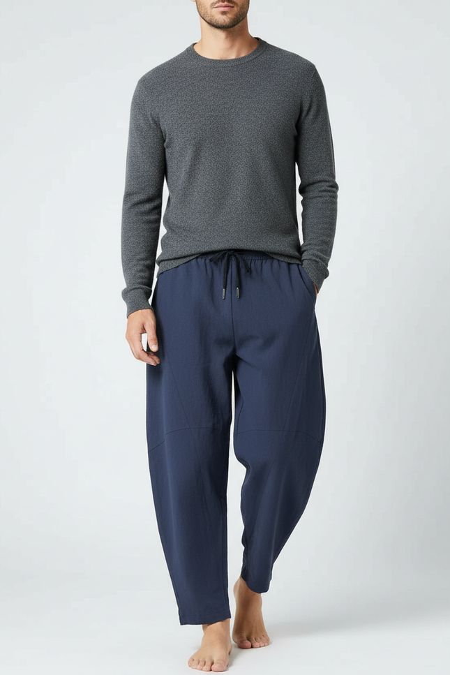 Pantalon Chinois Bleu Marine Ample Coton Lin Décontracté