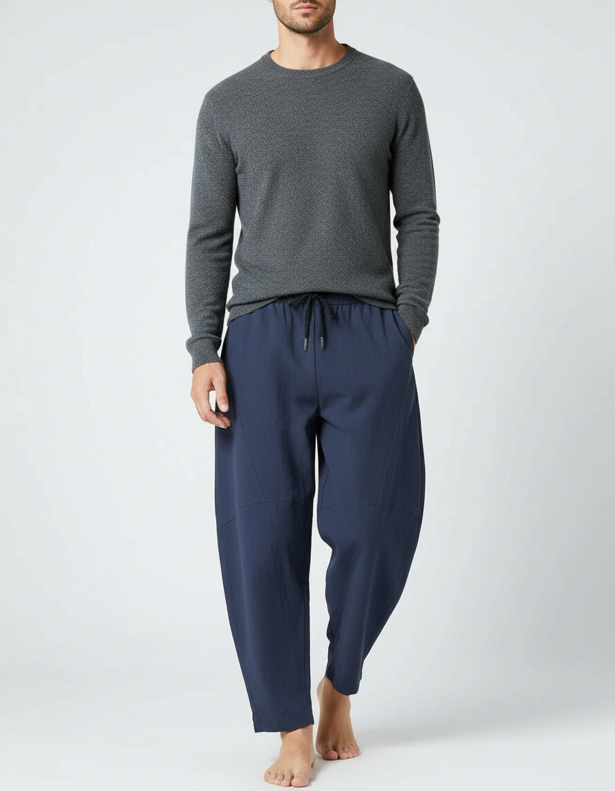 Pantalon Chinois Bleu Marine Ample Coton Lin Décontracté