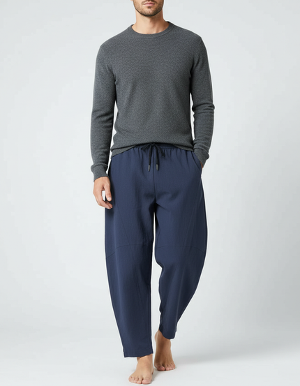 Pantalon Chinois Bleu Marine Ample Coton Lin Décontracté