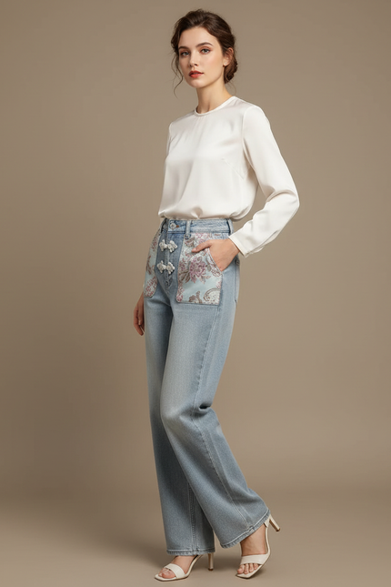 Pantalon Chinois Jean Brodé Taille Haute Femme - Bleu