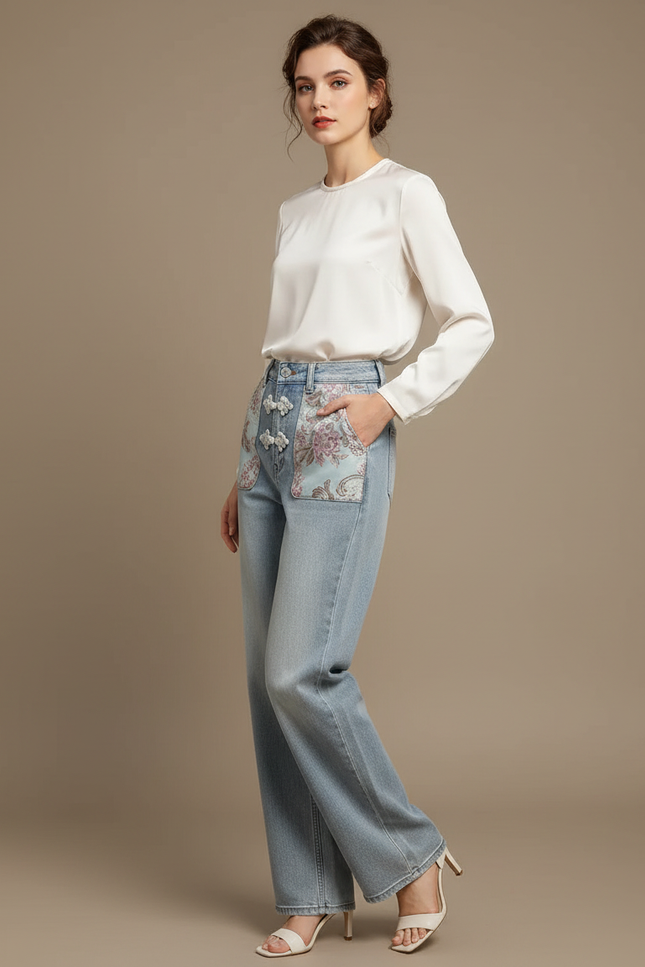 Pantalon Chinois Jean Brodé Taille Haute Femme - Bleu