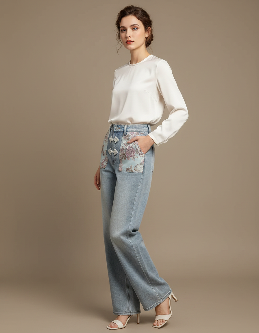 Pantalon Chinois Jean Brodé Taille Haute Femme - Bleu