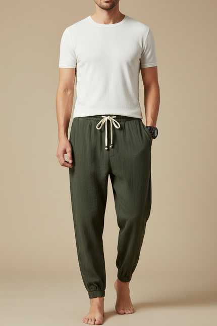 Pantalon Chinois Vert Coton Lin Harem Homme - Kaki Cordé