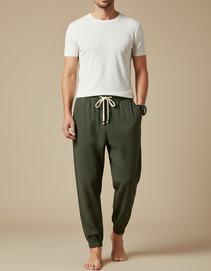 Pantalon Chinois Vert Coton Lin Harem Homme - Kaki Cordé