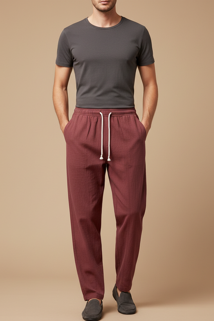 Pantalon Chinois Bordeaux Lin Ample Décontracté Homme