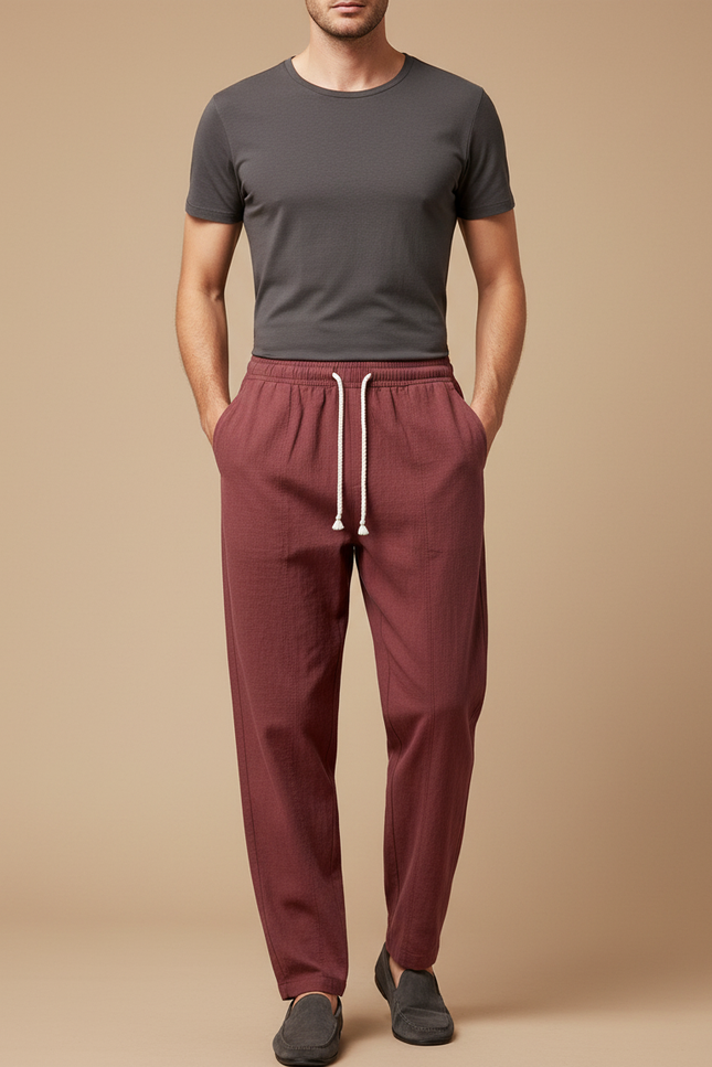 Pantalon Chinois Bordeaux Lin Ample Décontracté Homme