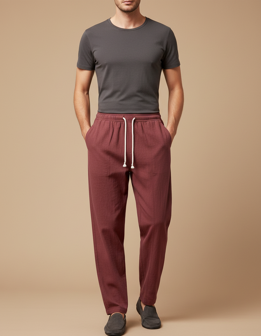 Pantalon Chinois Bordeaux Lin Ample Décontracté Homme