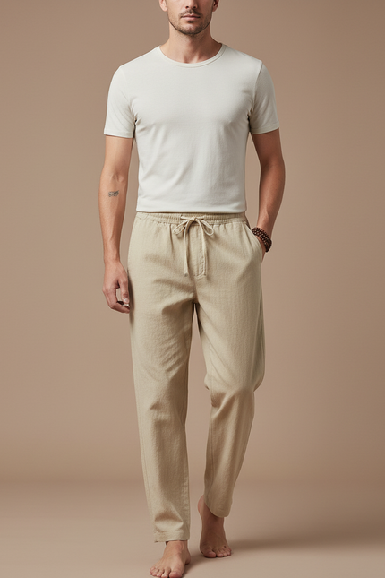 Pantalon Chinois Beige Lin Ample Décontracté Homme
