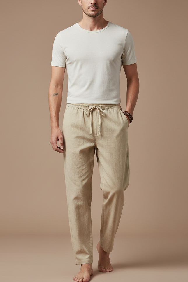Pantalon Chinois Beige Lin Ample Décontracté Homme