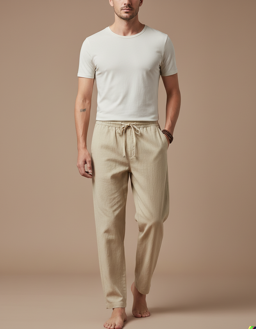 Pantalon Chinois Beige Lin Ample Décontracté Homme