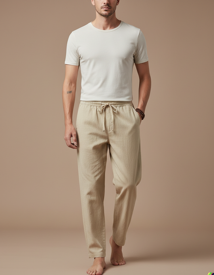 Pantalon Chinois Beige Lin Ample Décontracté Homme
