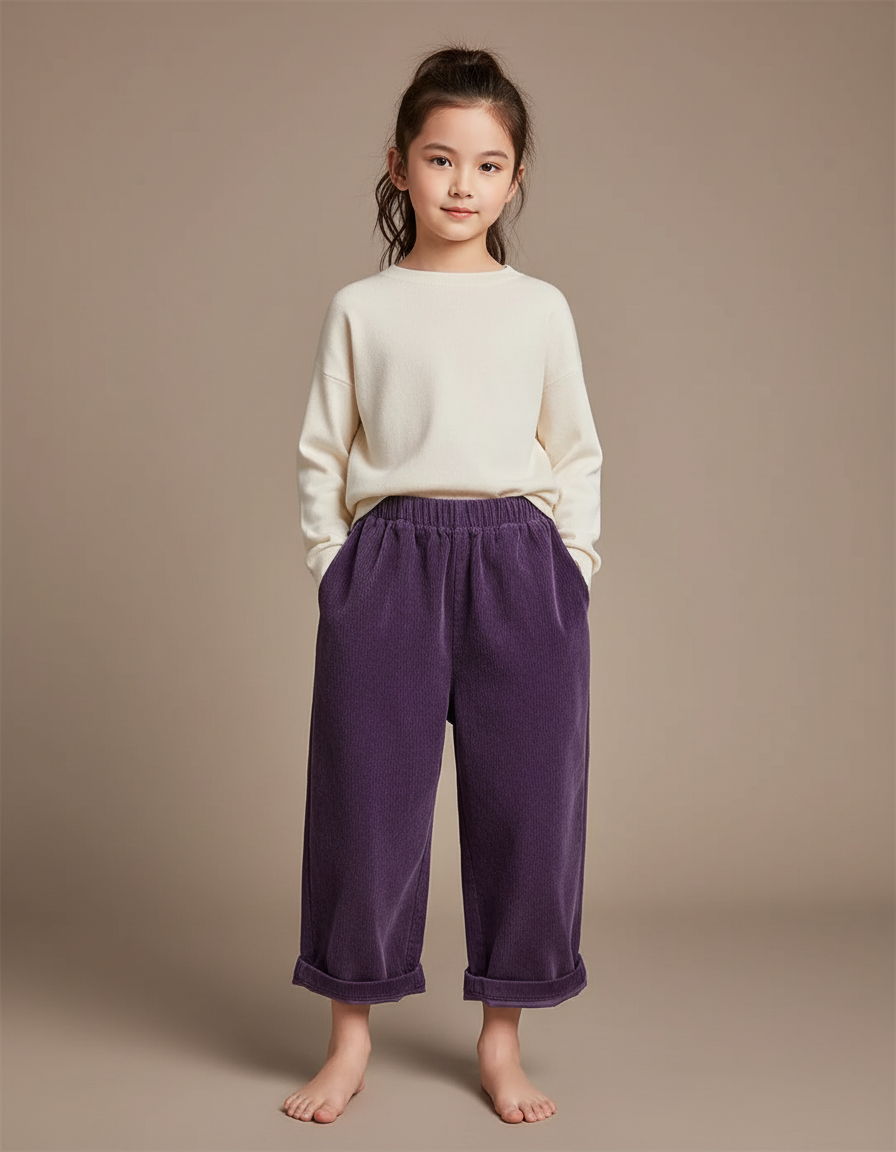 Pantalon Chinois Violet Côtelé Ample Enfant - Cordé