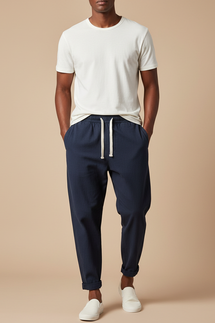 Pantalon Chinois Bleu Marine Coton Ample Cordon Décontracté