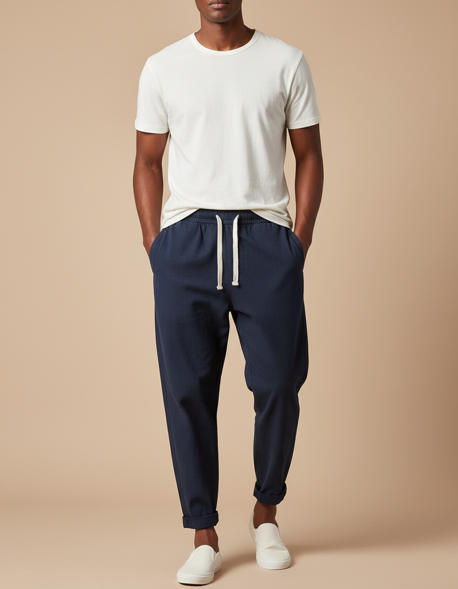 Pantalon Chinois Bleu Marine Coton Ample Cordon Décontracté