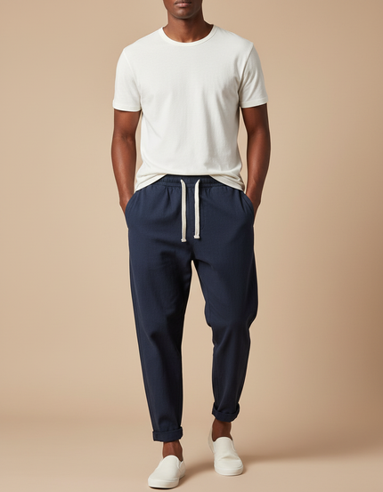 Pantalon Chinois Bleu Marine Coton Ample Cordon Décontracté