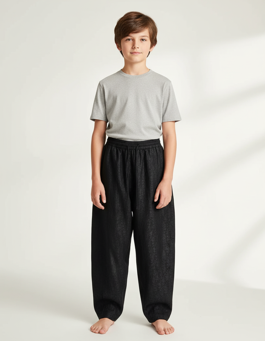 Pantalon Chinois Noir Ample Texturé Décontracté Enfant - Polyester