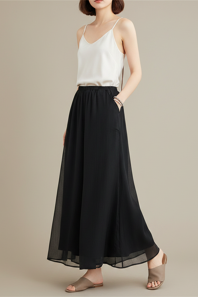 Pantalon Chinois Noir Ample Fluide Transparent Élégant - Polyester