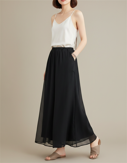 Pantalon Chinois Noir Ample Fluide Transparent Élégant - Polyester