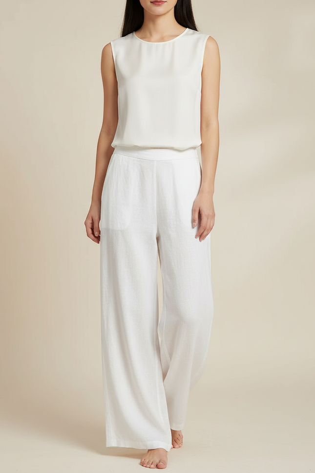 Pantalon Chinois Blanc Ample Lin Fluide Femme