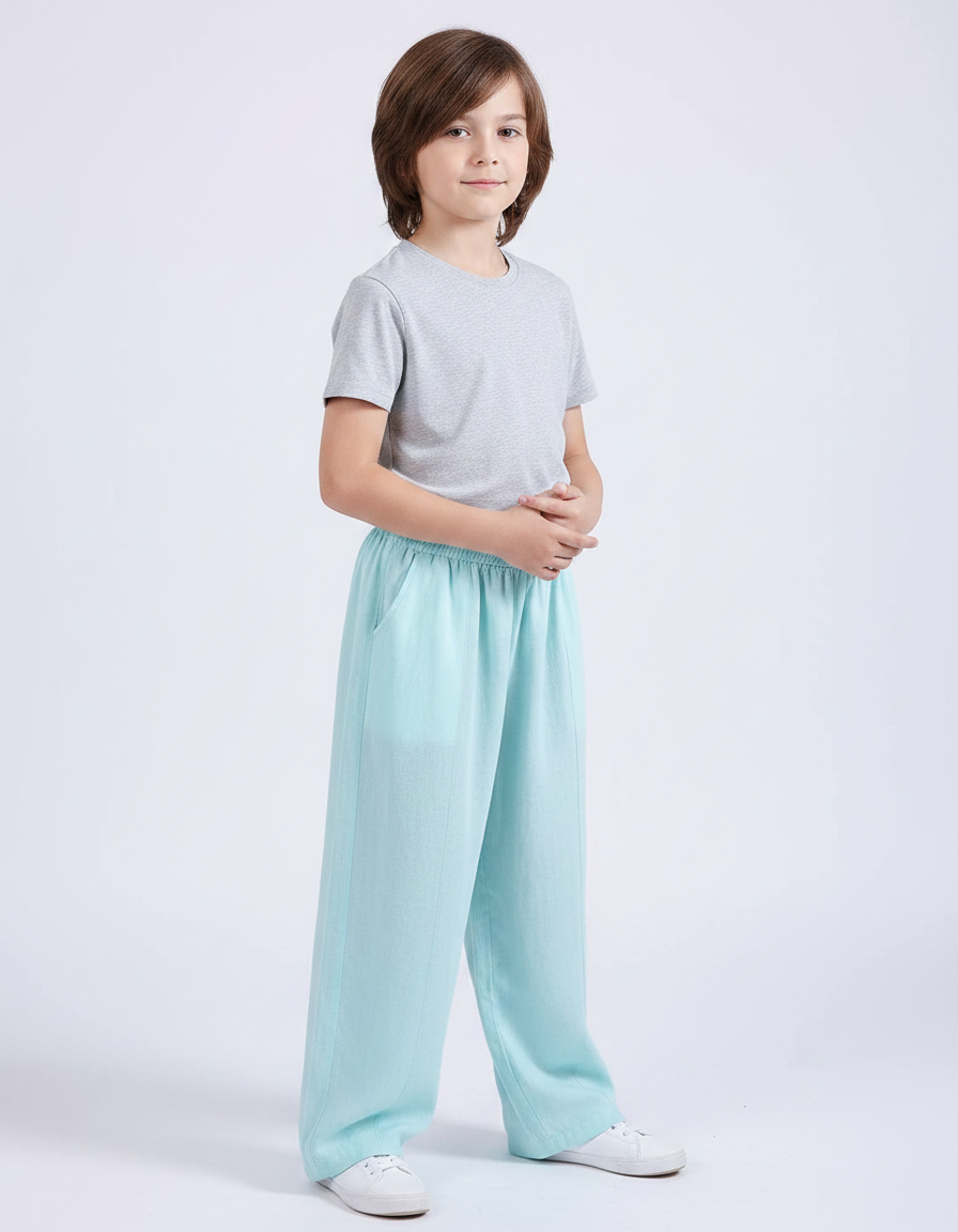 Pantalon Chinois Bleu Ciel Ample Lin Enfant Décontracté